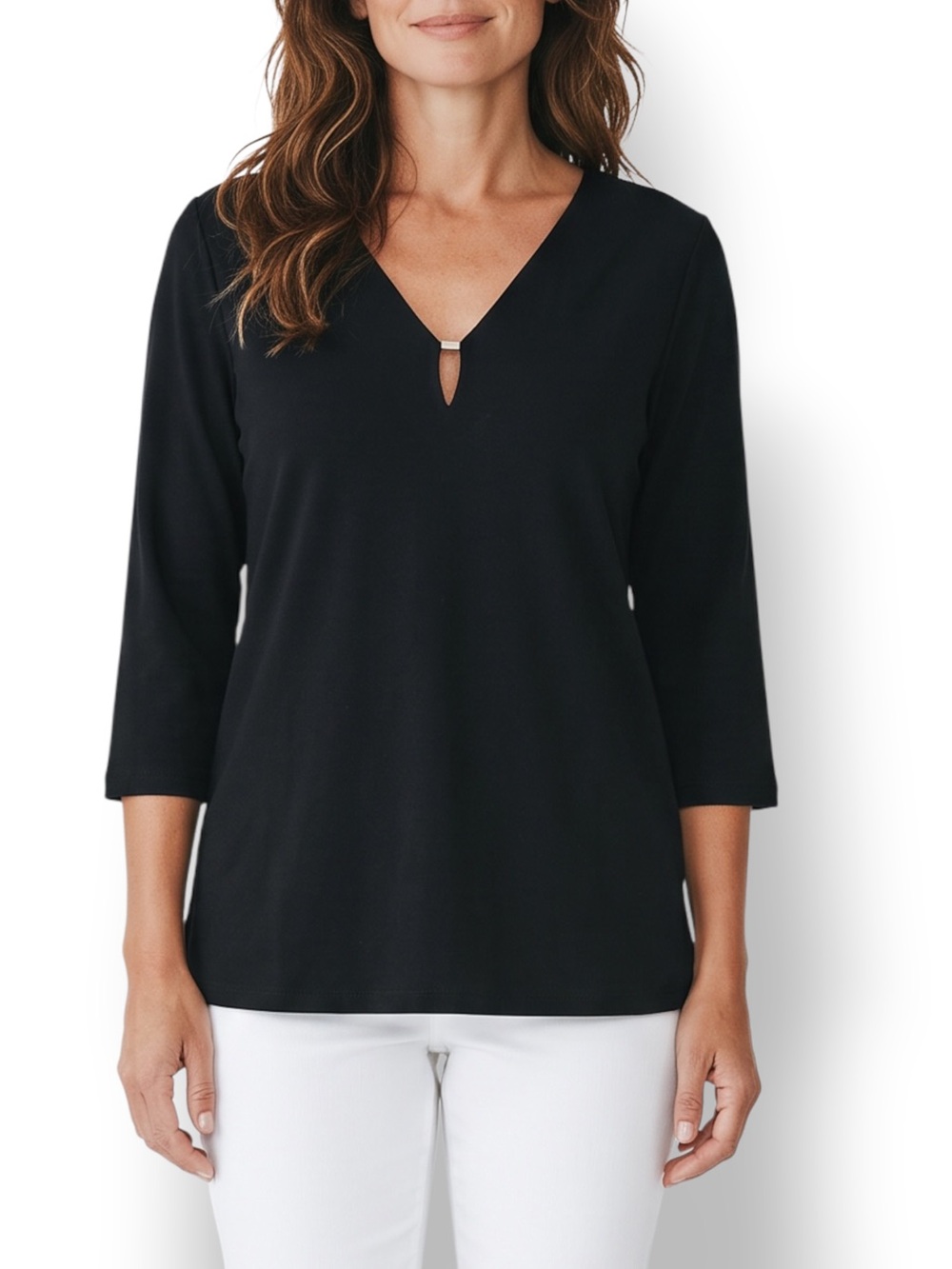 4/$20 Anne Klein Sport Black V-Neck Gold Bar Tunic Top Large